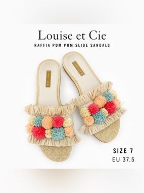 Louise et Cie Raffia Pom-Pom Slide Sandals in Coral, Teal, Peach and Cream
